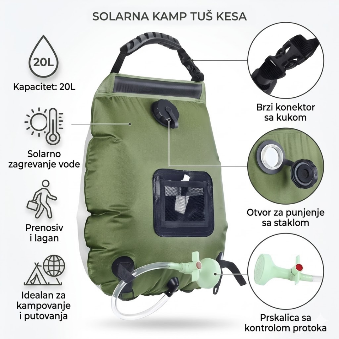 Solarni tuš za kampovanje 20L